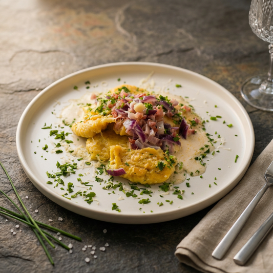Mehlknödel mit Speck-Zwiebel-Sauce